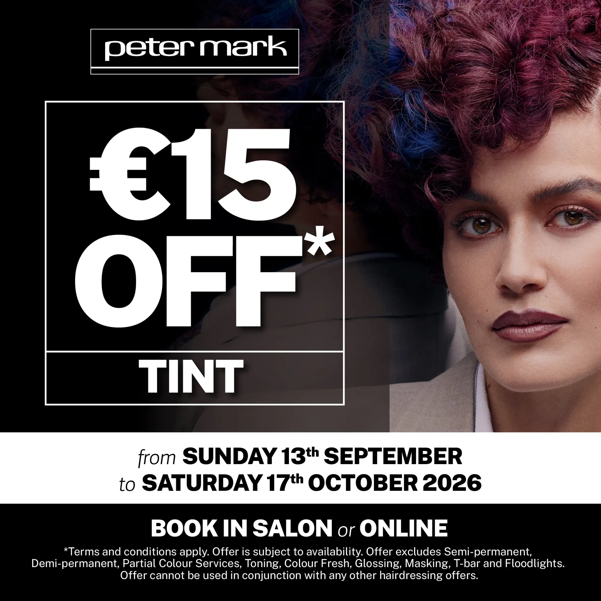 poster of model with mulberry-coloured hair promoting €15 off tint at Peter Mark